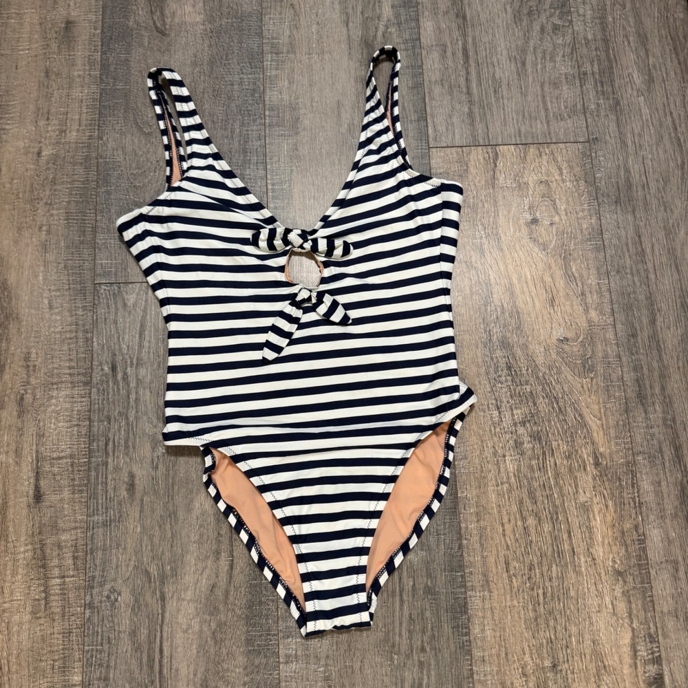 J.Crew Womens Bow-Front One Piece Swimsuit Classic Navy White Stripe Size 6 - Picture 2 of 9
